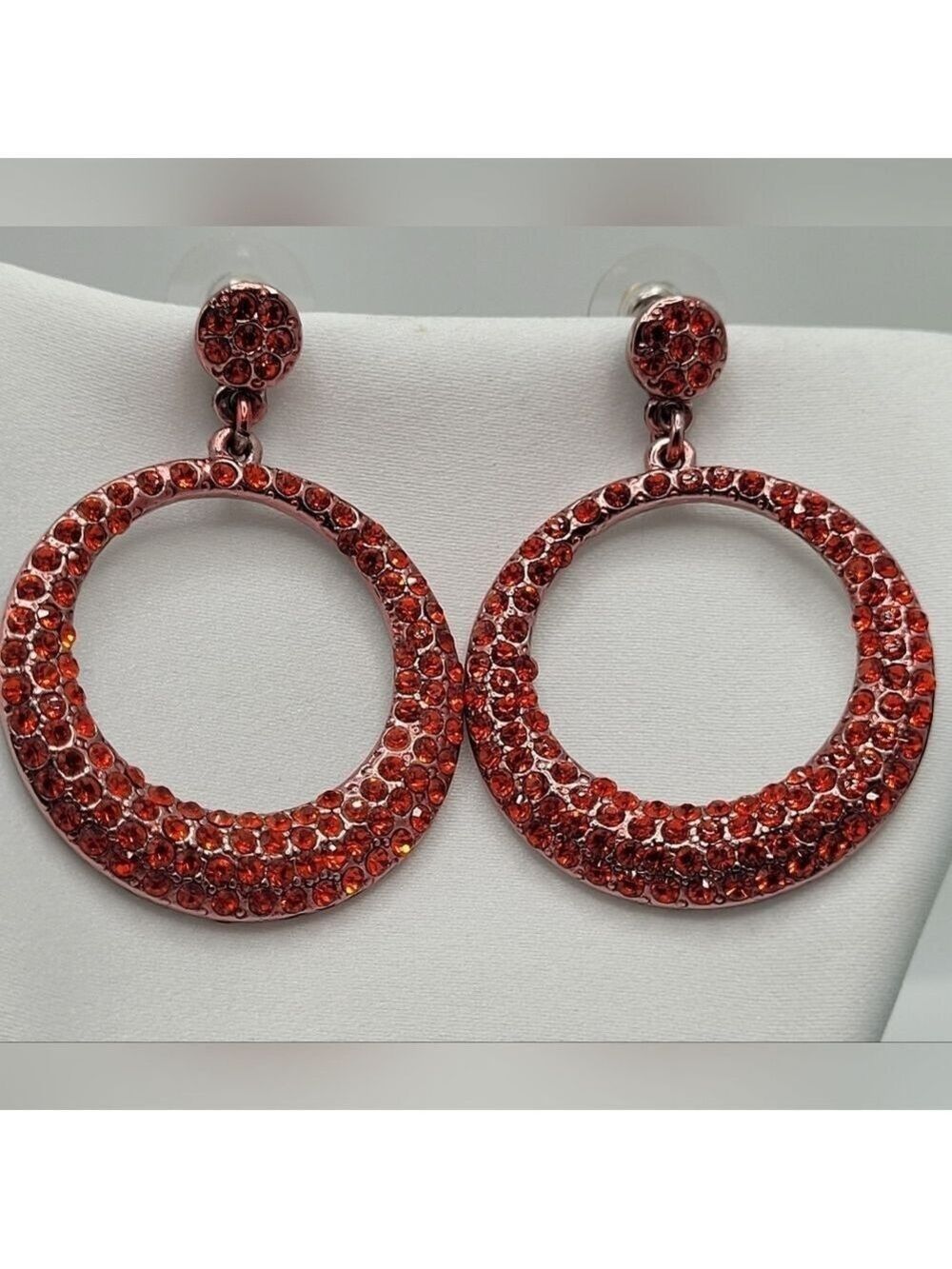 ✨2/$10✨ Red Stones Crystals Large Round Circle Earrings Dangle Silver-tone
